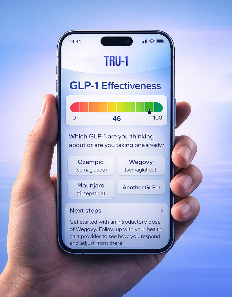 TRU-1 patient portal app showing GLP-1 effectiveness score and medication options