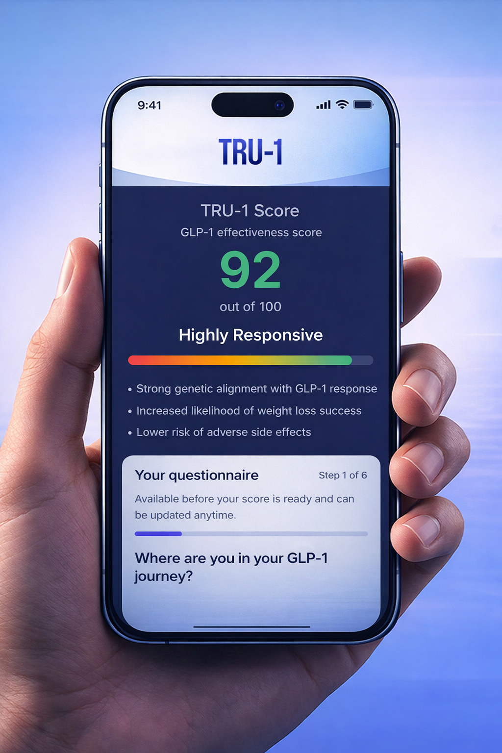TRU-1 patient portal app showing GLP-1 effectiveness score and medication options